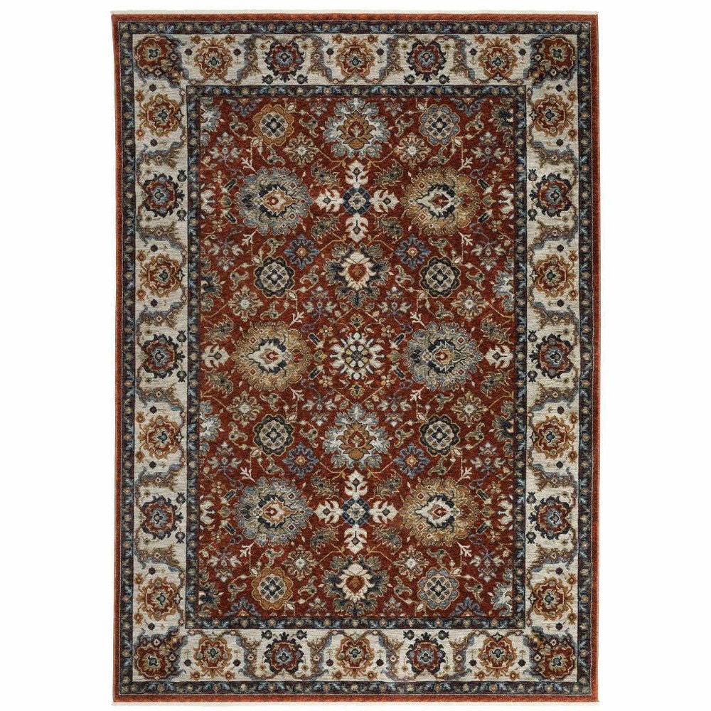 HomeRoots 508023 10 x 13 ft. Red Blue Ivory Gold & Navy Oriental Power Loom Stain Resistant Rectangle Area Rug with Fringe