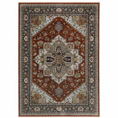 HomeRoots 508072 10 x 13 ft. Blue Beige Gray Gold Green & Rust Red Oriental Power Loom Stain Resistant Rectangle Area Rug with Fringe