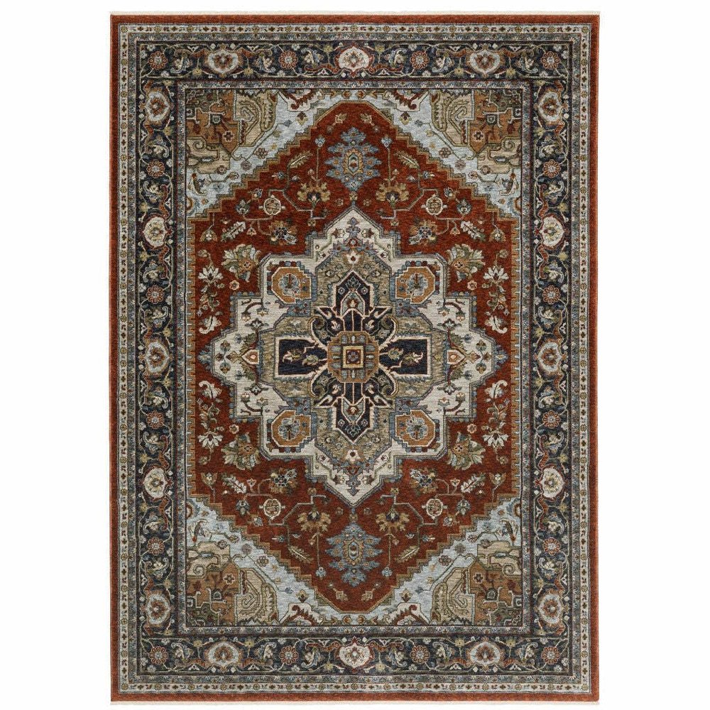 HomeRoots 508072 10 x 13 ft. Blue Beige Gray Gold Green & Rust Red Oriental Power Loom Stain Resistant Rectangle Area Rug with Fringe