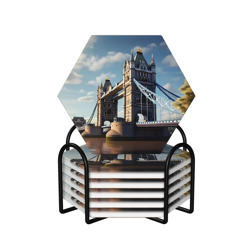 Hexagon 6 Ceramic Coasters Historic Old Tower Bridge London Picture : Non-Slip Cork Bottom Fits All Coffee Cups Glasses and Mugs