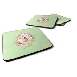 212 Main 3.5 x 3.5 in. Goldendoodle Green Flowers Foam Coaster - Set of 4