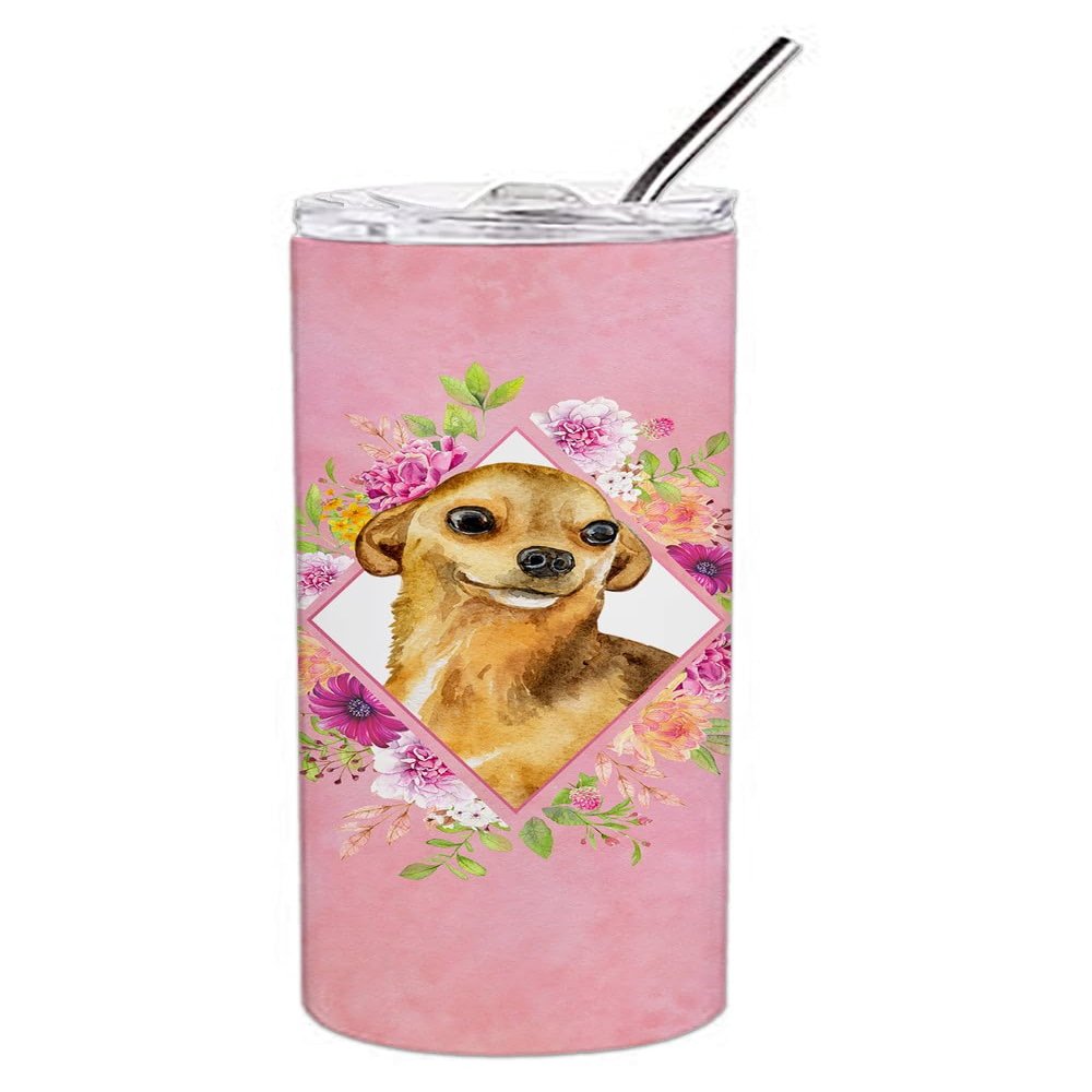 212 Main 20 oz Chihuahua No.1 Pink Flowers Double Walled Stainless Steel Skinny Tumbler