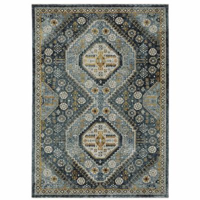 HomeRoots 508093 10 x 13 ft. Blue Gold Ivory & Navy Oriental Power Loom Stain Resistant Rectangle Area Rug with Fringe