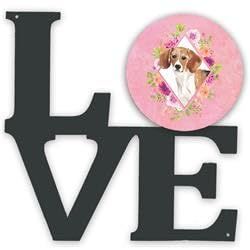 11.5 x 11.75 in. Beagle Pink Flowers Metal Artwork Love Wall Decor