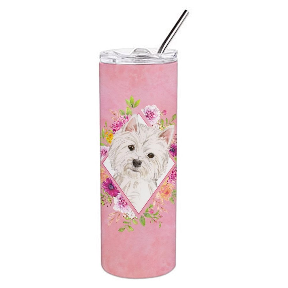 212 Main 20 oz Westie Pink Flowers Double Walled Stainless Steel Skinny Tumbler