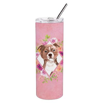 212 Main 20 oz Staffie Bull Terrier Pink Flowers Double Walled Stainless Steel Skinny Tumbler