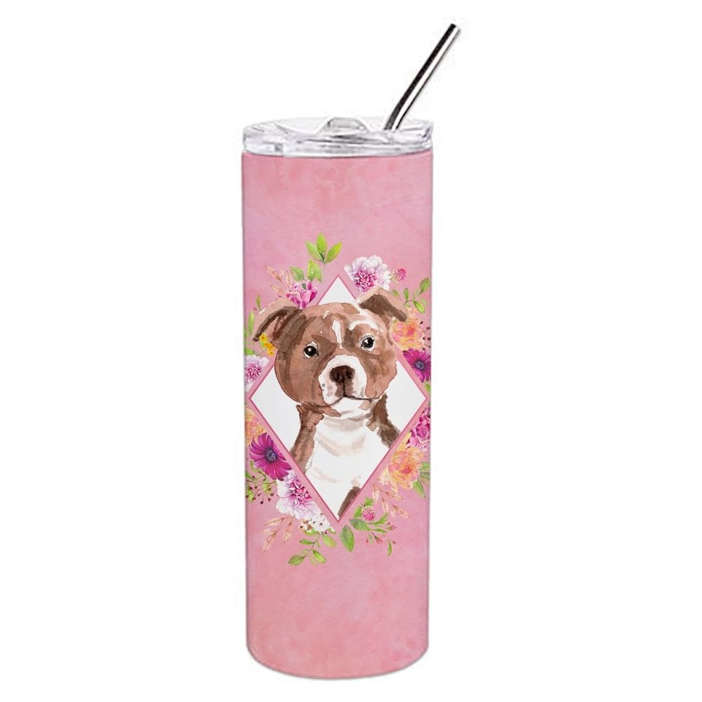 212 Main 20 oz Staffie Bull Terrier Pink Flowers Double Walled Stainless Steel Skinny Tumbler