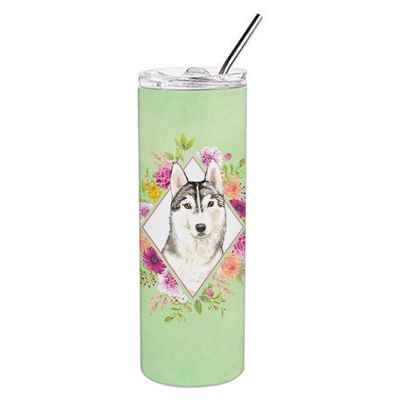 212 Main 20 oz Siberian Husky Green Flowers Double Walled Stainless Steel Skinny Tumbler