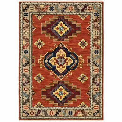 HomeRoots 509260 10 x 13 ft. Red Gold Blue Brown Oriental Power Loom Stain Resistant Rectangle Area Rug with Fringe