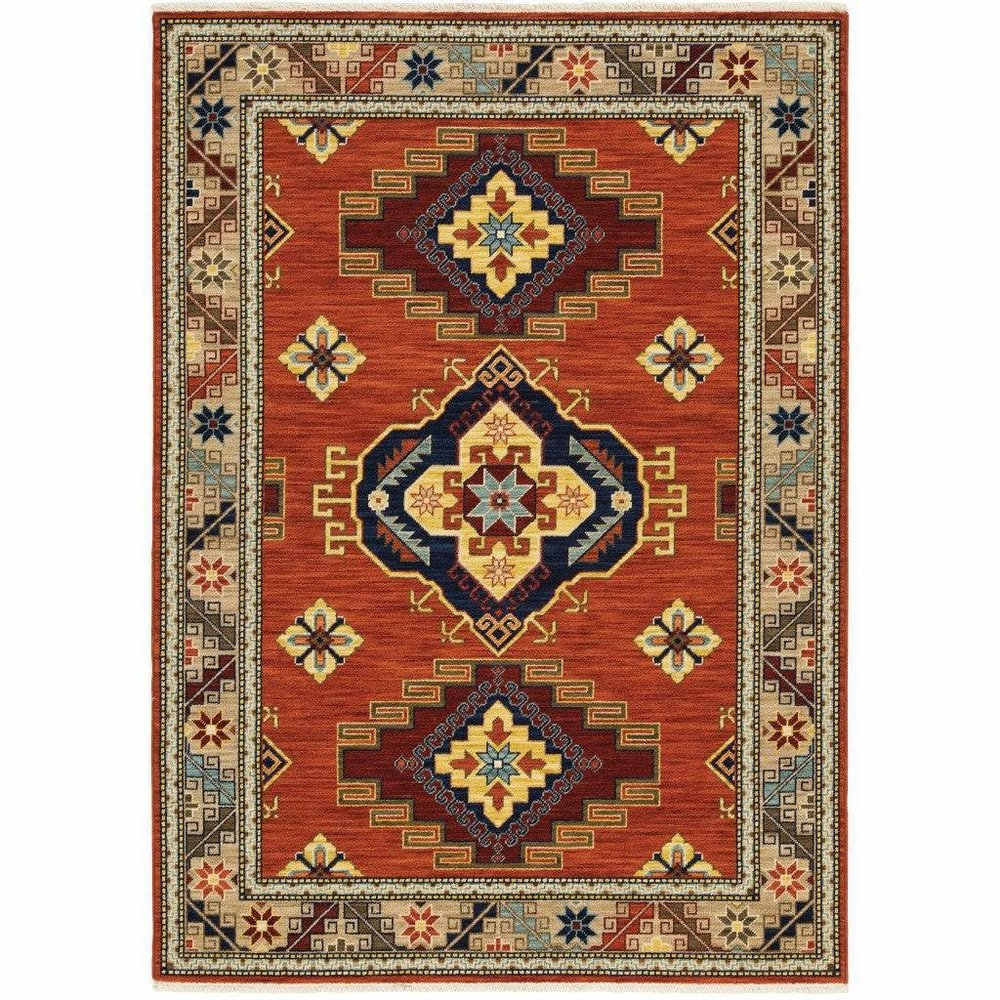 HomeRoots 509260 10 x 13 ft. Red Gold Blue Brown Oriental Power Loom Stain Resistant Rectangle Area Rug with Fringe