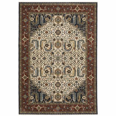 HomeRoots 508037 10 x 13 ft. Ivory Beige Red Blue Gold Green & Navy Oriental Power Loom Stain Resistant Rectangle Area Rug with Fringe