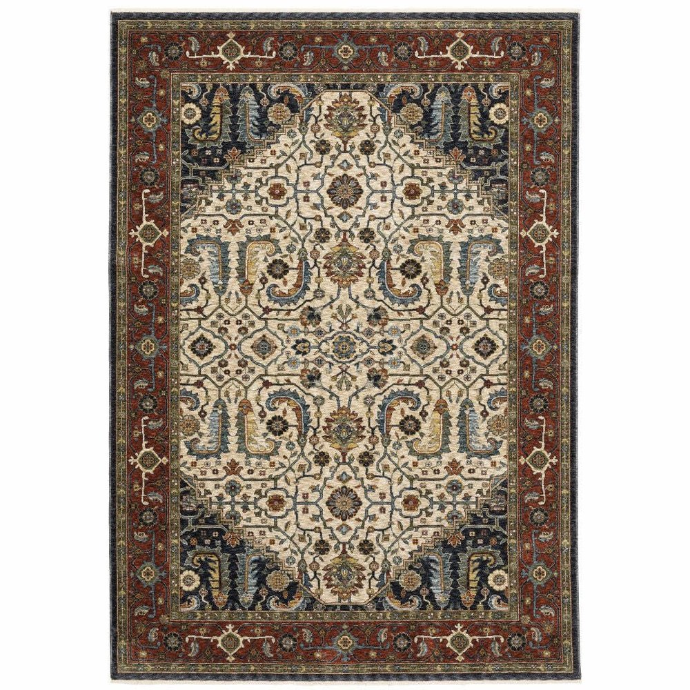 HomeRoots 508037 10 x 13 ft. Ivory Beige Red Blue Gold Green & Navy Oriental Power Loom Stain Resistant Rectangle Area Rug with Fringe