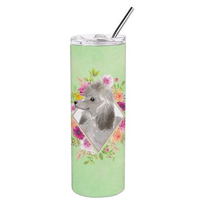 212 Main 20 oz Grey Standard Poodle Green Flowers Double Walled Stainless Steel Skinny Tumbler
