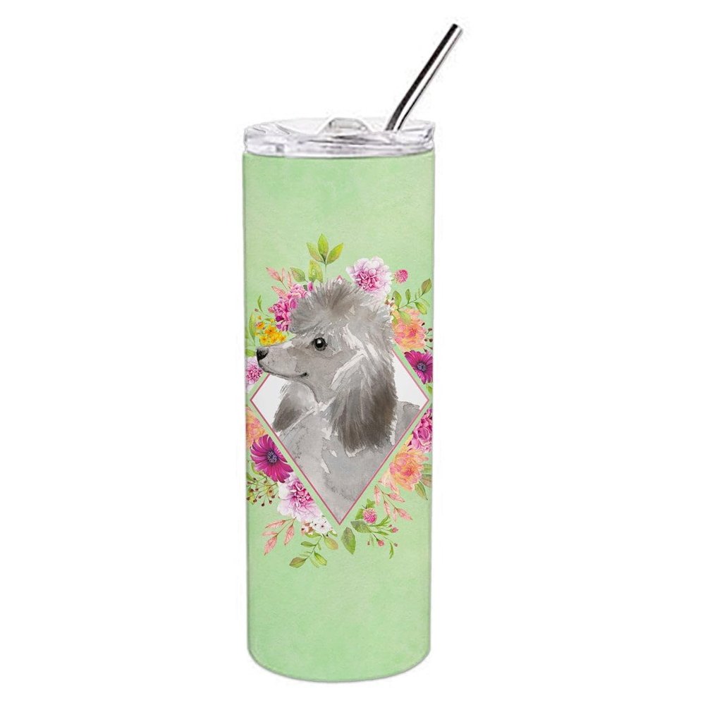 212 Main 20 oz Grey Standard Poodle Green Flowers Double Walled Stainless Steel Skinny Tumbler