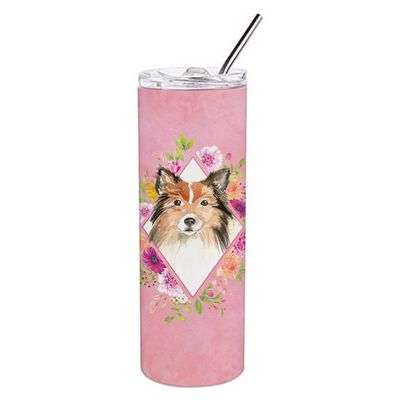 212 Main 20 oz Sheltie Pink Flowers Double Walled Stainless Steel Skinny Tumbler