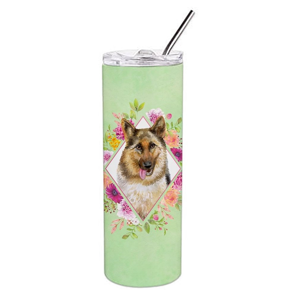 212 Main 20 oz German Shepherd No.1 Green Flowers Double Walled Stainless Steel Skinny Tumbler