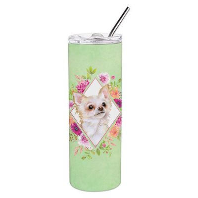 212 Main 20 oz Long Hair Chihuahua Green Flowers Double Walled Stainless Steel Skinny Tumbler