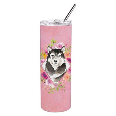 212 Main 20 oz Alaskan Malamute Pink Flowers Double Walled Stainless Steel Skinny Tumbler
