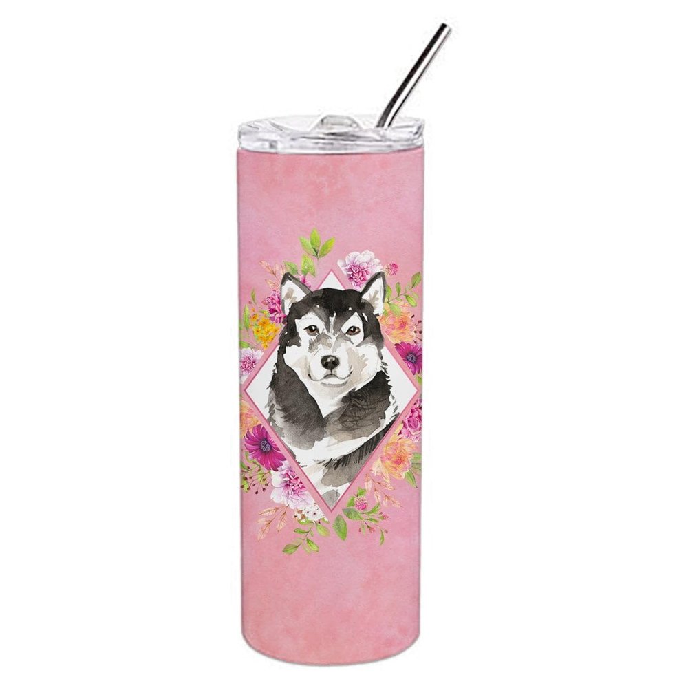 212 Main 20 oz Alaskan Malamute Pink Flowers Double Walled Stainless Steel Skinny Tumbler