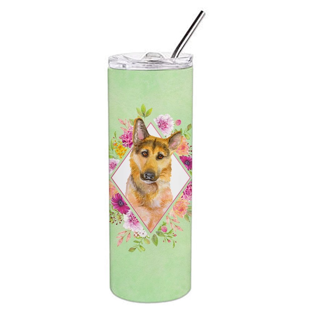 212 Main 20 oz German Shepherd No.2 Green Flowers Double Walled Stainless Steel Skinny Tumbler