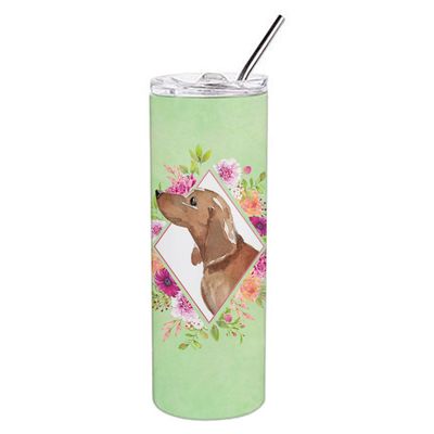 212 Main 20 oz Dachshund Green Flowers Double Walled Stainless Steel Skinny Tumbler