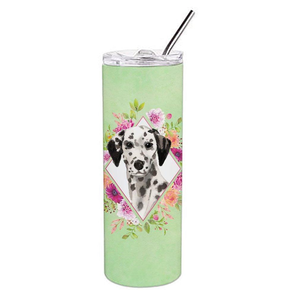 212 Main 20 oz Dalmatian Green Flowers Double Walled Stainless Steel Skinny Tumbler