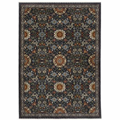 HomeRoots 507971 5 x 8 ft. Blue Red Ivory & Gold Oriental Power Loom Stain Resistant Rectangle Area Rug with Fringe