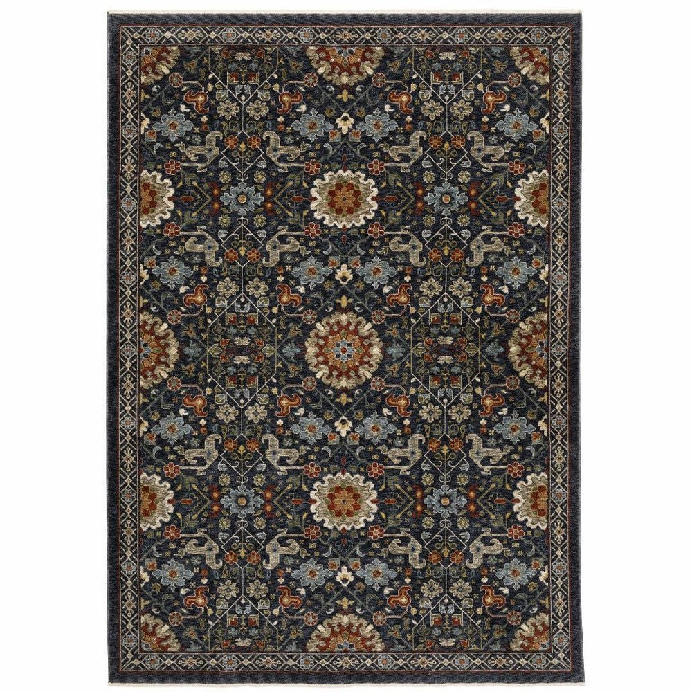 HomeRoots 507971 5 x 8 ft. Blue Red Ivory & Gold Oriental Power Loom Stain Resistant Rectangle Area Rug with Fringe