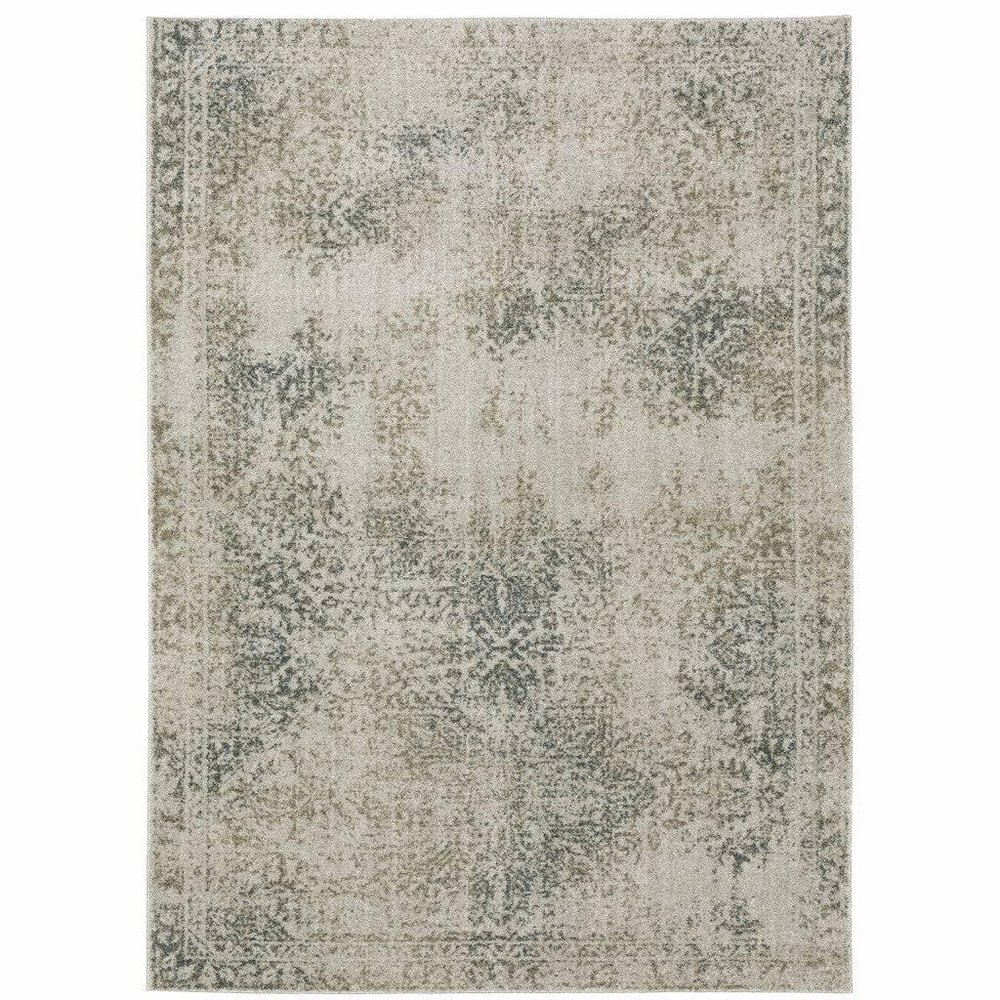 HomeRoots 508171 8 x 11 ft. Gray Beige & Teal Oriental Power Loom Stain Resistant Rectangle Area Rug