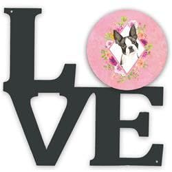 11.5 x 11.75 in. Boston Terrier Pink Flowers Metal Artwork Love Wall Decor