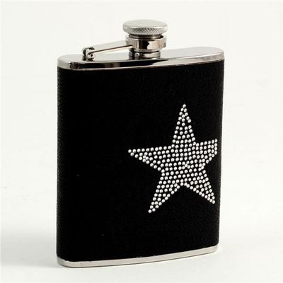 212 Main International 6 oz Stainless Steel Leatherette Flask with Reign Stone Star Design Captive Cap & Durable Rubber Seal - Black & Silver