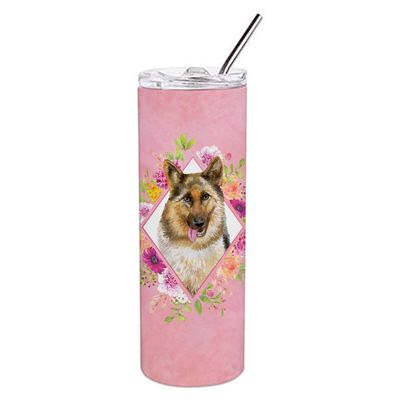 212 Main 20 oz German Shepherd No.1 Pink Flowers Double Walled Stainless Steel Skinny Tumbler
