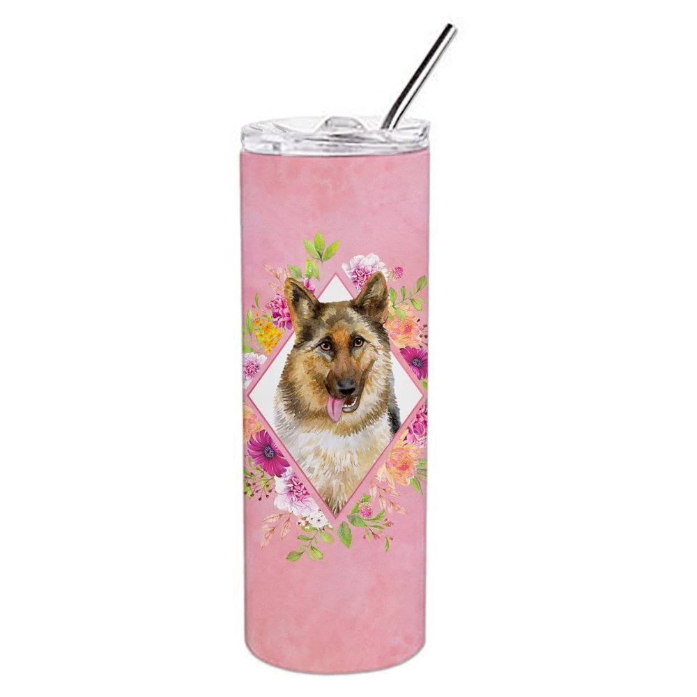 212 Main 20 oz German Shepherd No.1 Pink Flowers Double Walled Stainless Steel Skinny Tumbler
