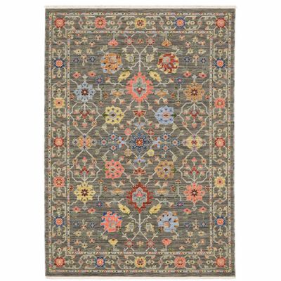 HomeRoots 509279 6 x 9 ft. Gray Salmon Pink Gold Blue Rust Deep Blue Ivory & Green Oriental Power Loom Stain Resistant Rectangle Area Rug with Fringe