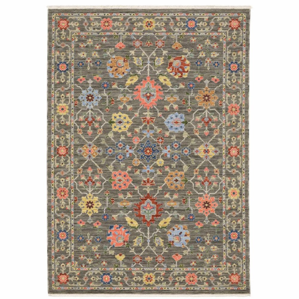 HomeRoots 509279 6 x 9 ft. Gray Salmon Pink Gold Blue Rust Deep Blue Ivory & Green Oriental Power Loom Stain Resistant Rectangle Area Rug with Fringe