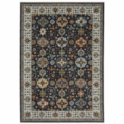 HomeRoots 508005 3 x 5 ft. Blue Red Beige Yellow Gray Rust & Gold Oriental Power Loom Stain Resistant Rectangle Area Rug with Fringe
