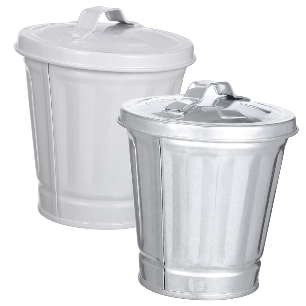 PRETYZOOM 2pcs Mini Trash Can Small Iron Wastebasket with Lid for Home Office Cute Desktop Garbage Bin for Stationery and Makeup Easy to Clean Fun Design