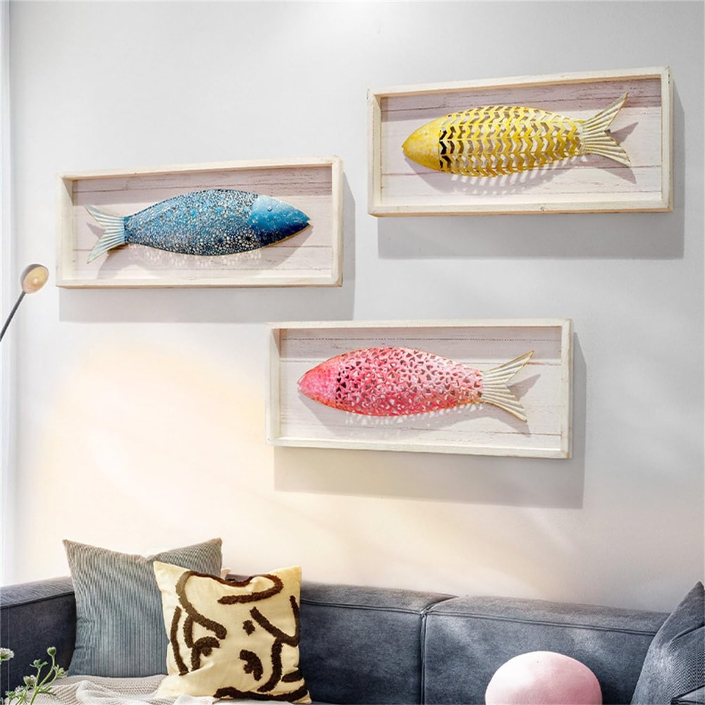 MENALGNDI Fish Decor, Wall Art Fish Hanging Bedroom Decoration Fish Wall Decor For Nautical Theme, Beach Theme, Lake House, Set Of 3