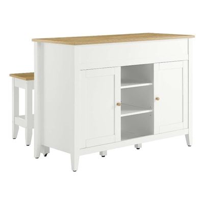Modway Garland 3-Piece Small Kitchen Island Set with Seating and Pull-Out Table in Oak White - Freestanding Small Space Modern Farmhouse Kitchen Cart with 2 Stools and Kitchen Cabinet Storage