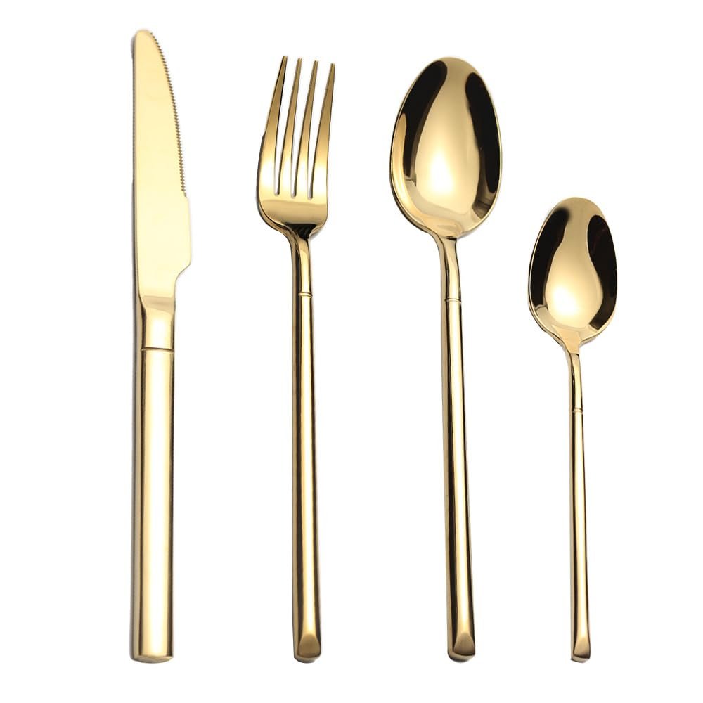 SEELLODGE Silverware Flatware Cutlery Set, 4/16/24/32 Pieces Knight Style Gold Stainless Steel Cutlery Set Creative Steak Knife, Fork And Spoon (Color : Gold, Size : 8Set-32Pcs)
