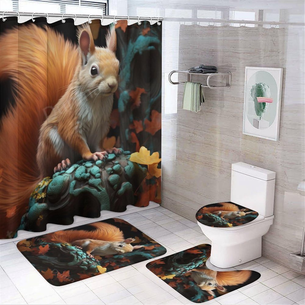 SOPIYRIO 4 Pcs Modern Squirrel Shower Curtain Sets,Autumn Fantasy Forest Animal Bathroom Set Shower Curtain Set with Rugs and Accessories,Bathroom Decor with Bath Mats Toilet Lid Cover