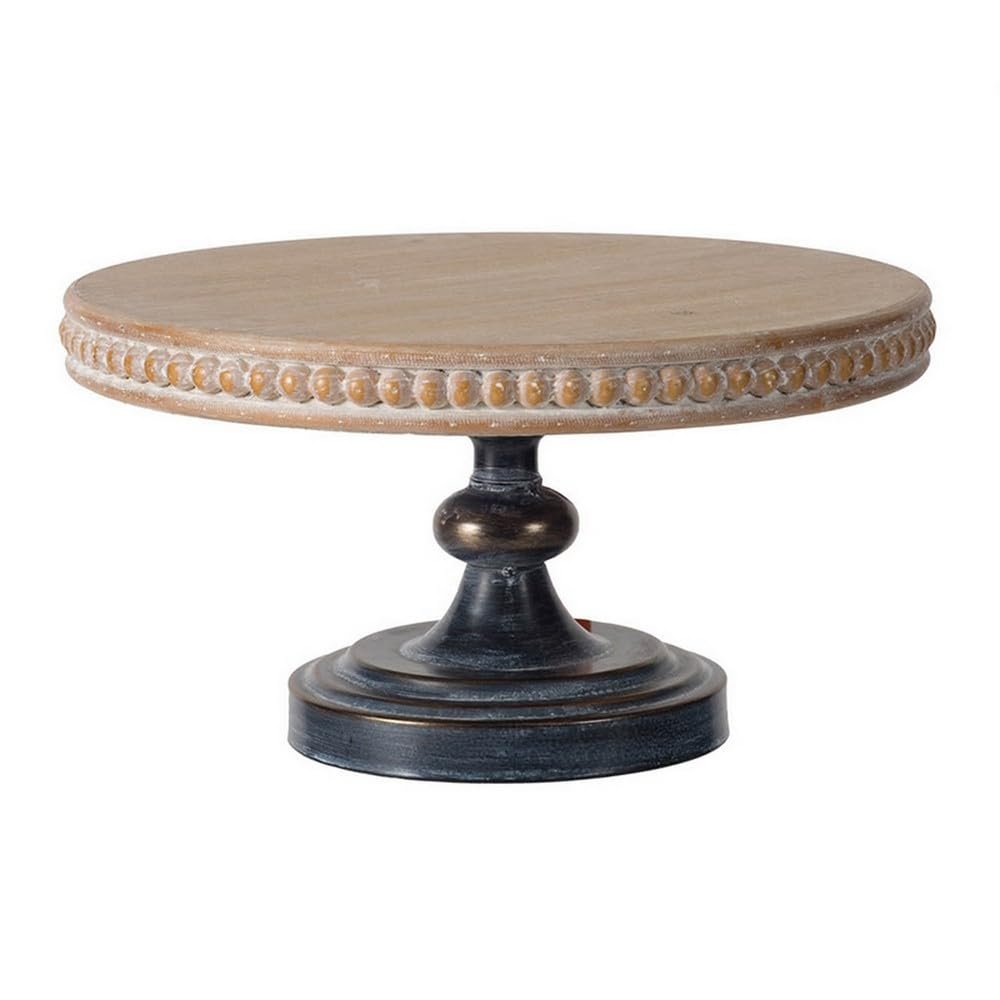 Benjara Marrie 14 Inch Round Decorative Tray, Iron Padestal Base, Wood Top, Brown and Black