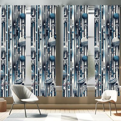 Ambesonne Space Window Curtains Pack of 2, Planets Bar Stripes Stars Rockets and Astronauts Galaxy Cartoon Pattern, Lightweight Set with Rod Pocket, 4 Panels of - 28" x 84", Blue Indigo Dark Coral
