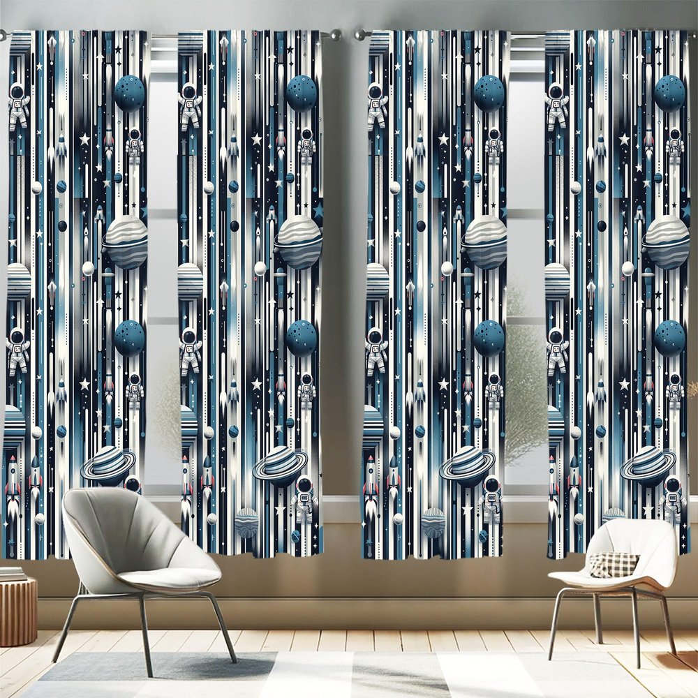 Ambesonne Space Window Curtains Pack of 2, Planets Bar Stripes Stars Rockets and Astronauts Galaxy Cartoon Pattern, Lightweight Set with Rod Pocket, 4 Panels of - 28" x 84", Blue Indigo Dark Coral