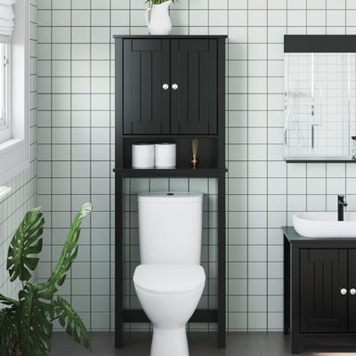 Gecheer Over-The-Toilet Storage Cabinet, Black Solid Pine Wood with Doors and Shelves, 10.6 x 23.6 x 64.8 in, for Bathroom Organization