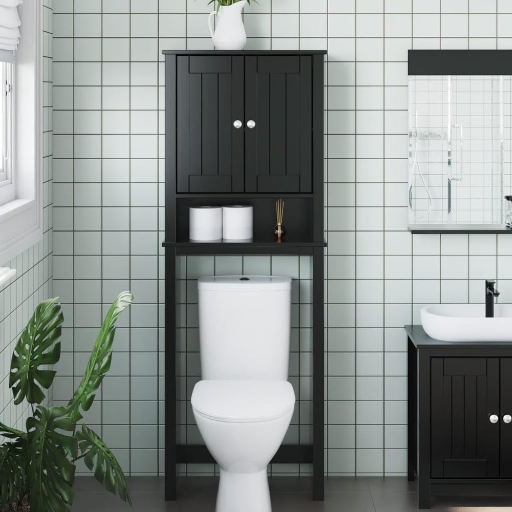 Gecheer Over-The-Toilet Storage Cabinet, Black Solid Pine Wood with Doors and Shelves, 10.6 x 23.6 x 64.8 in, for Bathroom Organization