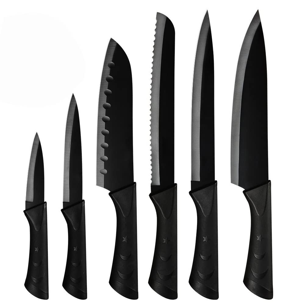 Kitchen Knife Sets, 6pcs Black Knives Set Professional Chef Knife Tool DIY Roll Bag Portable Knives Kitchen Tools Slicing Santoku Fruit Knife with cover