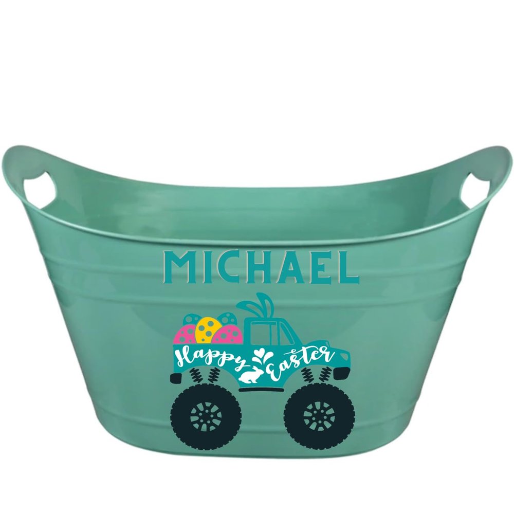 Personalized Easter Basket For Kids - Extra Large Customized Bucket - Reusable Easter Decor (Aqua)