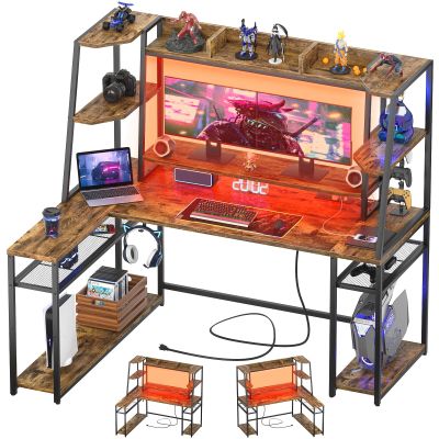 L Shaped Office Desk with Hutch & Shelves, 63" PC Gaming Computer Desk with LED L Shaped Gaming Computer Desk (Rustic)