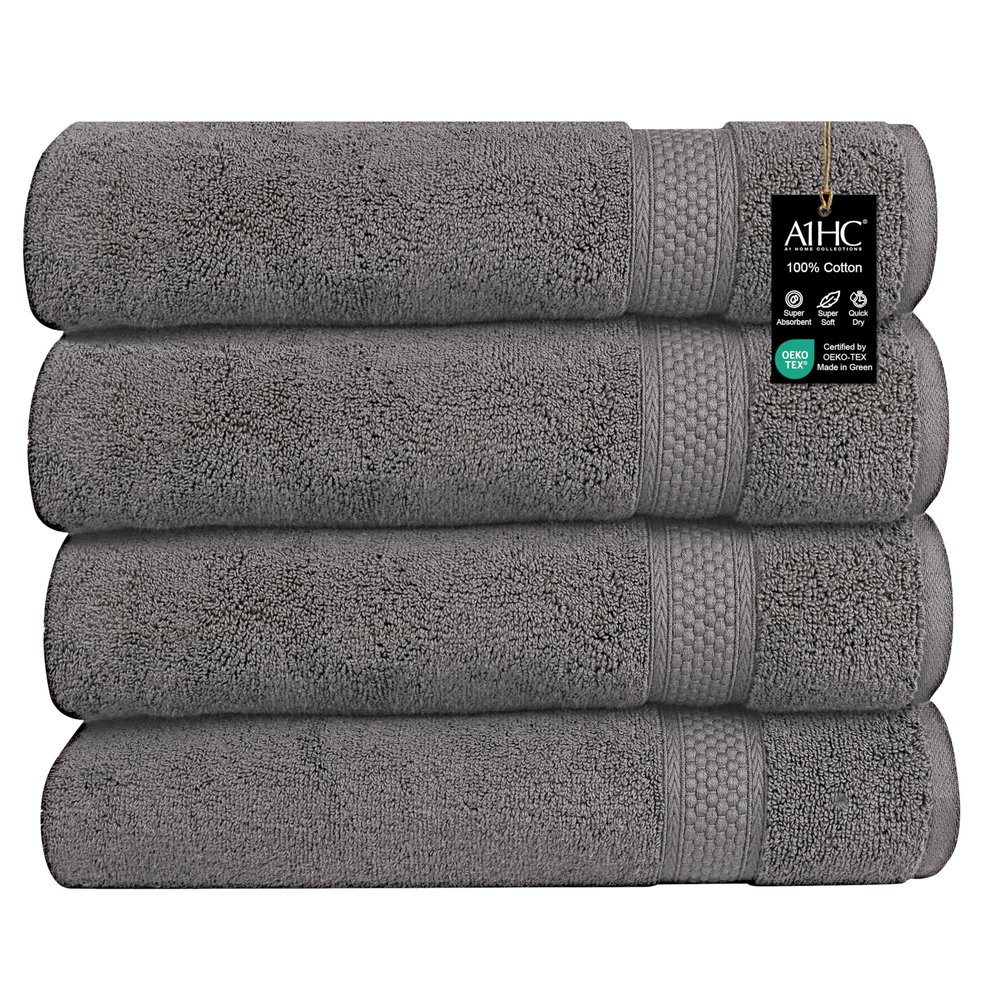 A1 Home Collections Bath Towel 500 GSM Duet Technology 100% Ring Spun Cotton Quick Dry & Highly Absorbent Towels, Zero Twist, Low Lint, Ultra Soft (Charcoal, Bath Towel (24x48) Pack of 4)